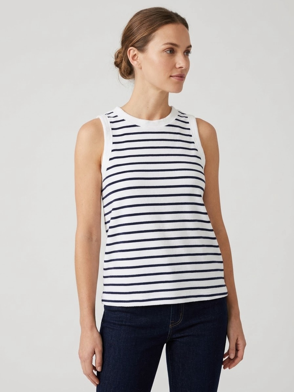 LOFT Women's Striped High Neck Sleeveless Knit Tank Top Cotton Casual